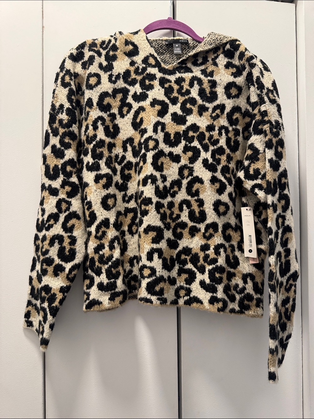 Aqua Leopard Print Knit Hoodie Sweater - Black & Tan
